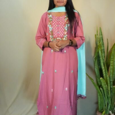 Pink & Aqua Blue Embroidered Rayon Kurta Set with Dupatta